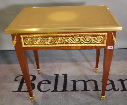 A Regency style stained beech gilt metal mounted single drawer low side table with brown leather inset top on tapering square supports, 68cm  x 67cm h