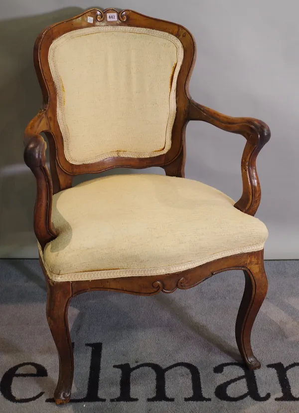 A 19th century continental beech open armchair, 63cm wide x 92cm high.