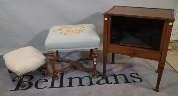 A 19th century continental mahogany 'X' frame footstool 42cm wide x 43cm high, a Victorian stained pine footstool, 41cm wide x 22cm high and a Regency