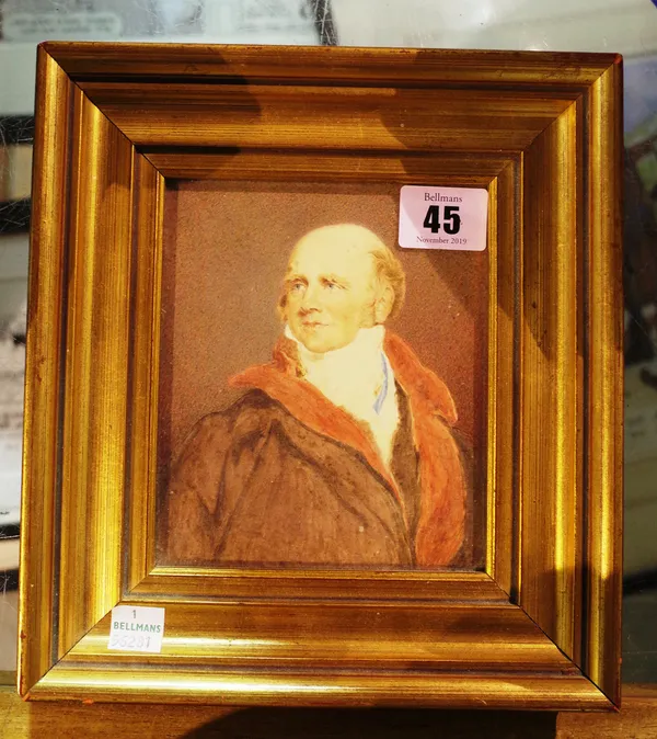 Early 19th century English school, portrait miniature on paper, possibly after Beechey, depicting man in brown coat, red labels, 13.5cm x 11.5cm.