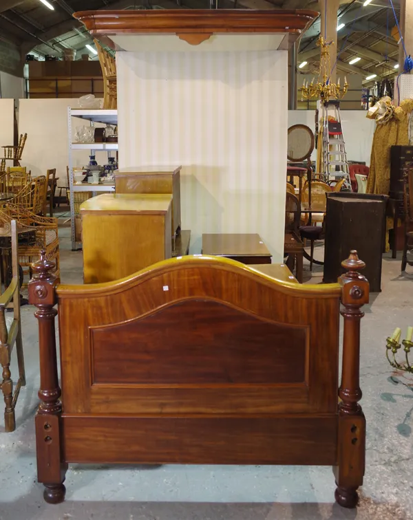 A Victorian single mahogany half-tester bed, with white striped upholstered canopy, on bun feet, 130cm wide x 246cm high