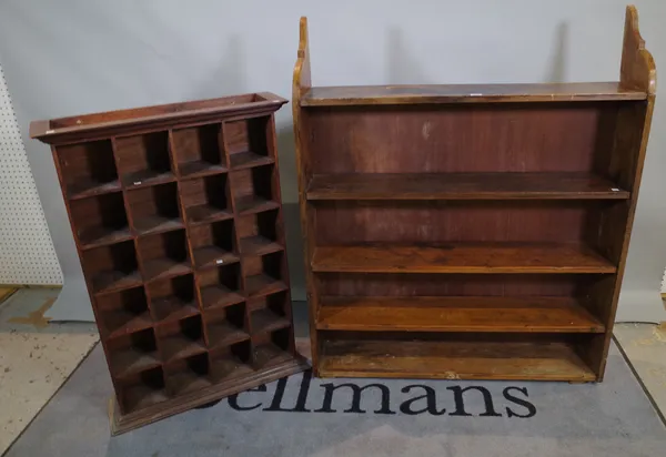 An early 20th century pine five tier open bookcase 100cm wide x 121cm high and a 20th century mahogany twenty four division open bookcase, 69cm wide x