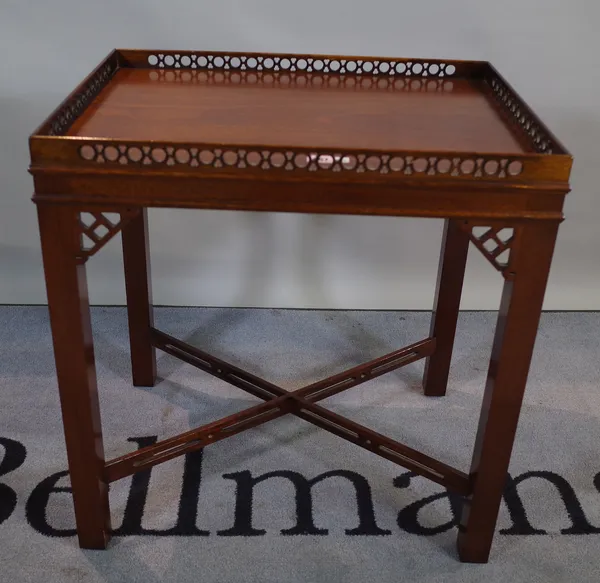 A George II style mahogany rectangular side table with galleried top on square supports, 62cm wide x 65cm high.