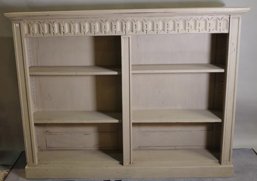 A late Victorian grey painted floor standing open bookcase, 164cm wide x 125cm high.