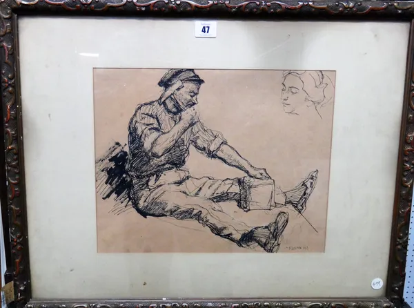 M Fabian (early 20th century), The Stone Mason, pen and ink, signed and dated 1913, 28.5cm x 35.5cm  Disp 10