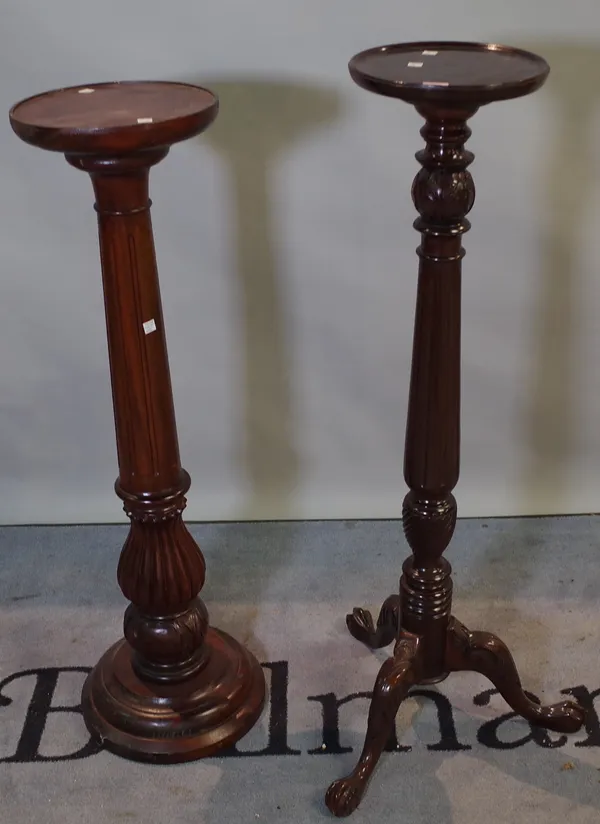 A Regency style mahogany jardinière stand on a fluted column plinth base, 27cm wide x 103cm high and a late Victorian style mahogany jardinière stand