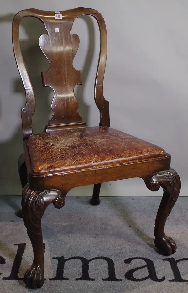 A late Victorian mahogany dining chair with Queen Anne style vase back on ball and claw supports, 56cm wide x 96cm high.