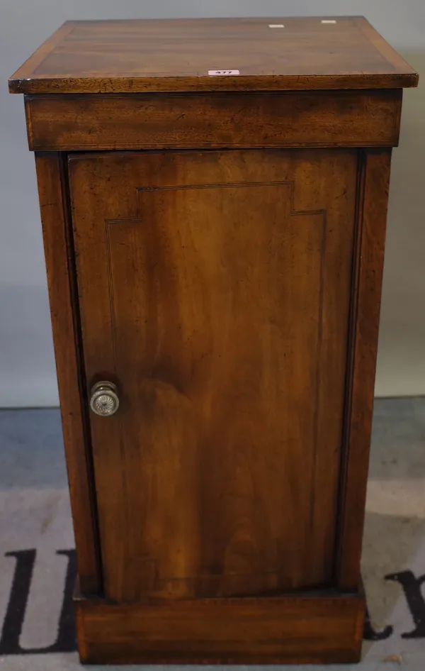 A George III mahogany and satinwood banded bedside cupboard on plinth base, 41cm wide