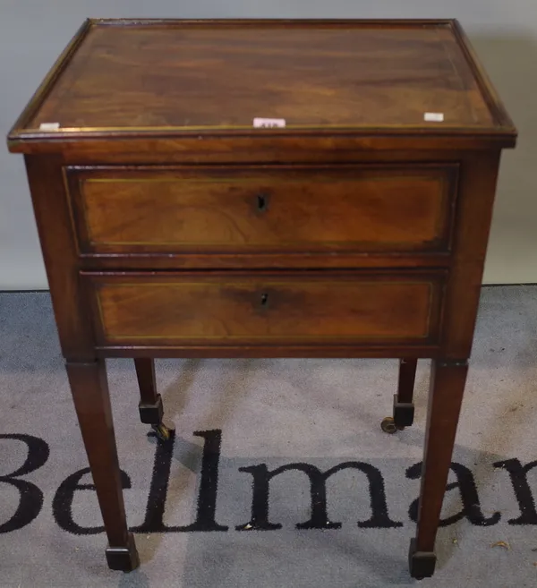 A 19th century Dutch mahogany and brass inlaid two drawer side table on tapering square supports, 51cm wide x 75cm high.