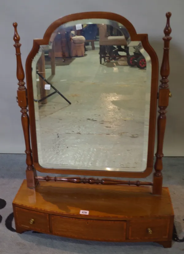 A Victorian mahogany swing frame toilet mirror with three drawer base, 61cm wide x 85cm high.