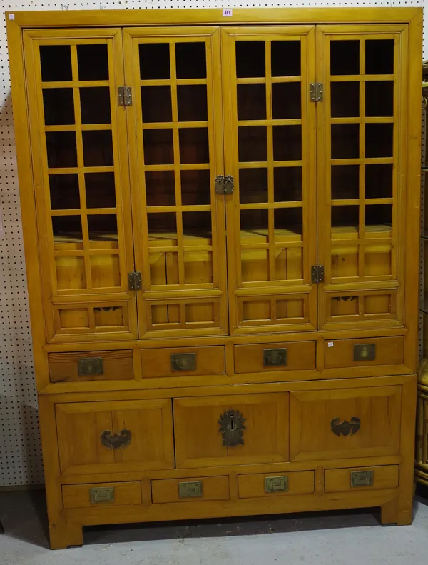 A mid 20th century Chinese style beech side cabinet with  eight short drawers, 140cm wide x 194cm high.