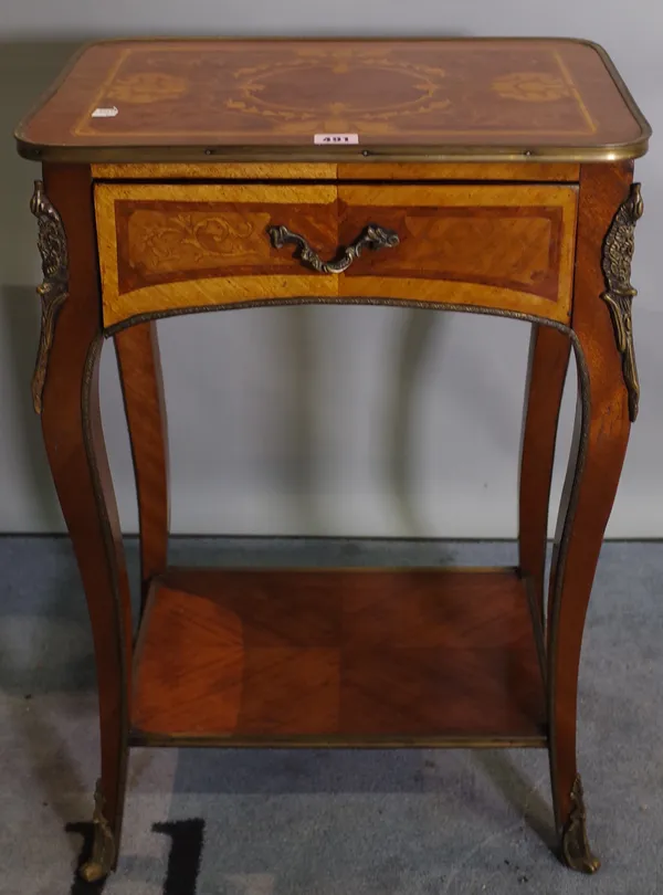 A 19th century style Continental walnut and inlaid two tier single drawer side table, 46cm wide x 71cm high.