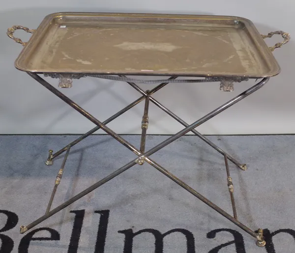 A large silver plated rectangular tray on folding 'X' frame stand, 81cm wide x 61cm high.