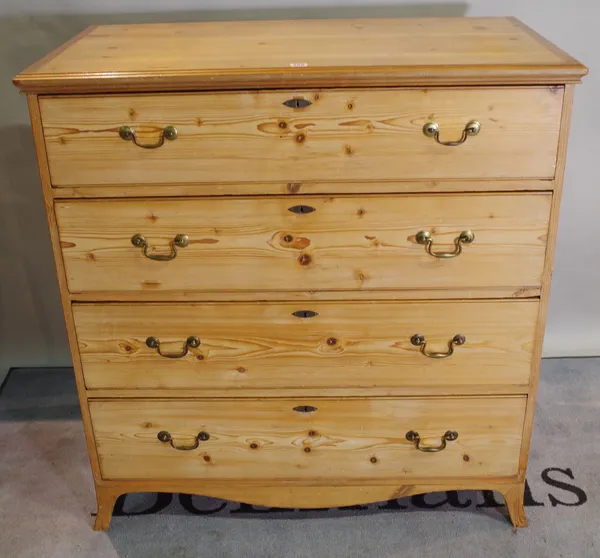 A George III pine chest of four long graduated drawers on splayed bracket feet, 107cm wide x 110cm high.