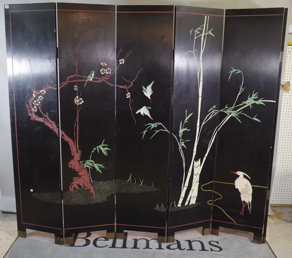 A 20th century Chinese decorated four fold screen, 240cm wide x 183cm high.