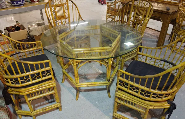 A 20th century bamboo and glass table 129cm and four matching bamboo chairs, (5).