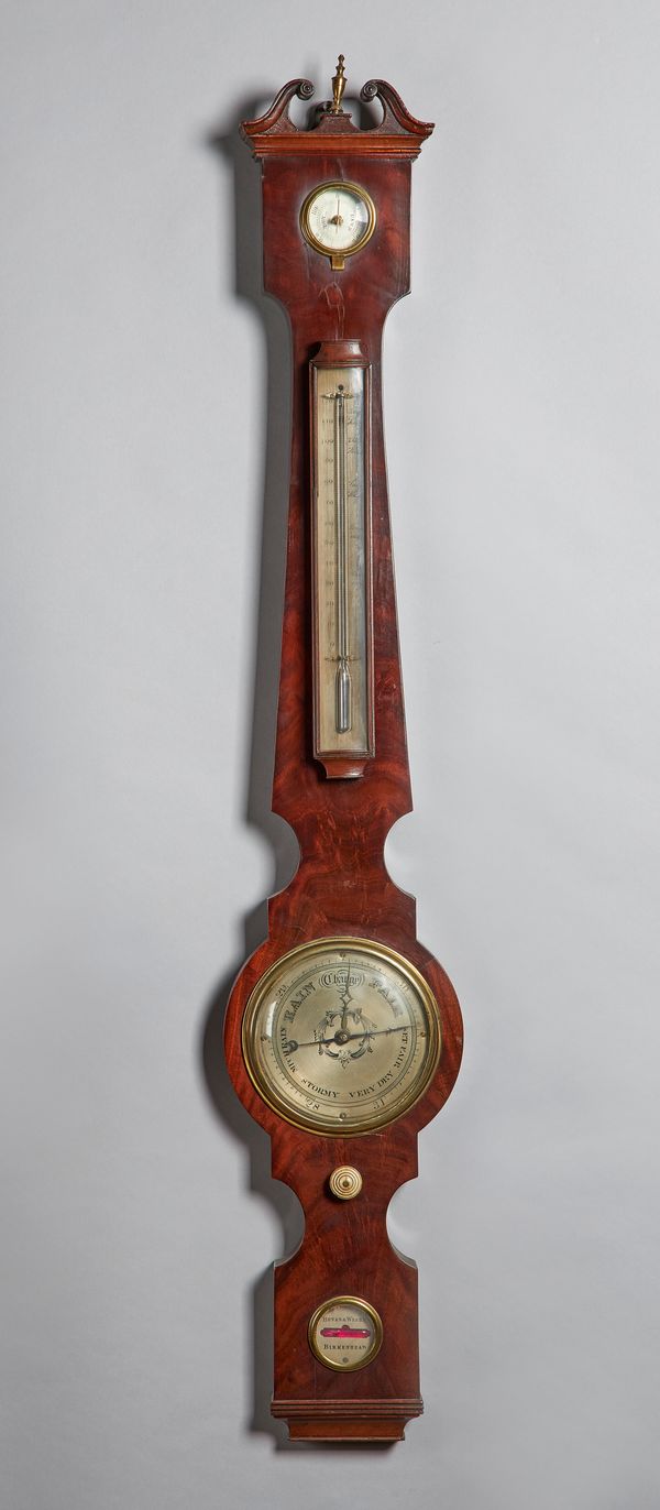 An early Victorian mahogany wheel barometer of small sizeSigned Bevan & Weare, BirkenheadThe tapering trunk inset with a silvered thermometer above an