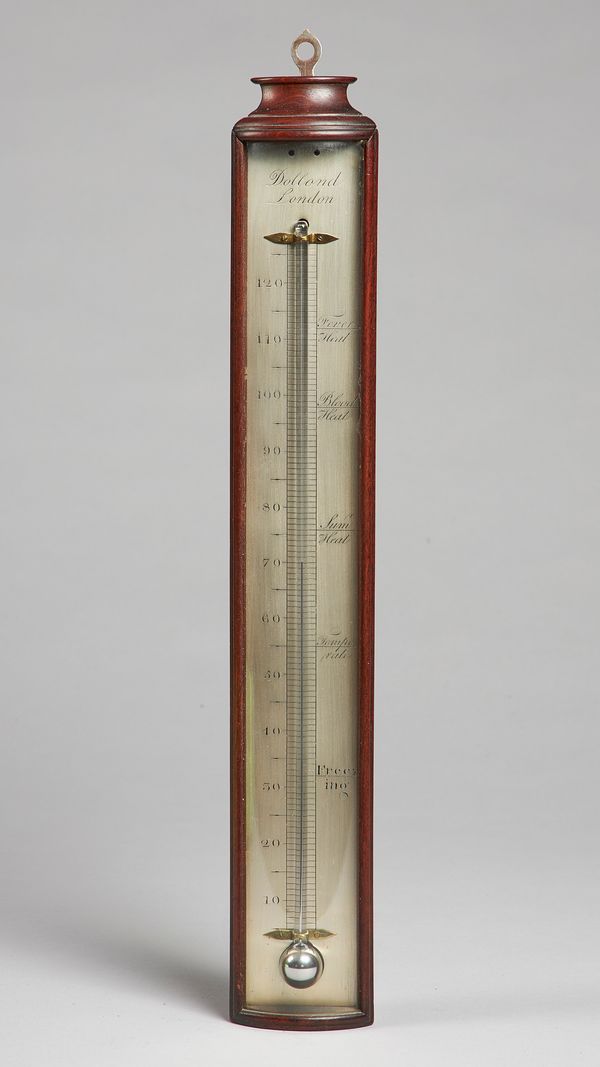 A George III mahogany thermometer By Dollond, LondonThe silvered scale with bowed glass39cm high