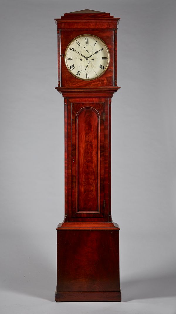 A late William IV mahogany Scottish longcase clockBy Thomas Dobbie, GlasgowThe case with a chamfered moulded pediment, above a stepped cornice with gl