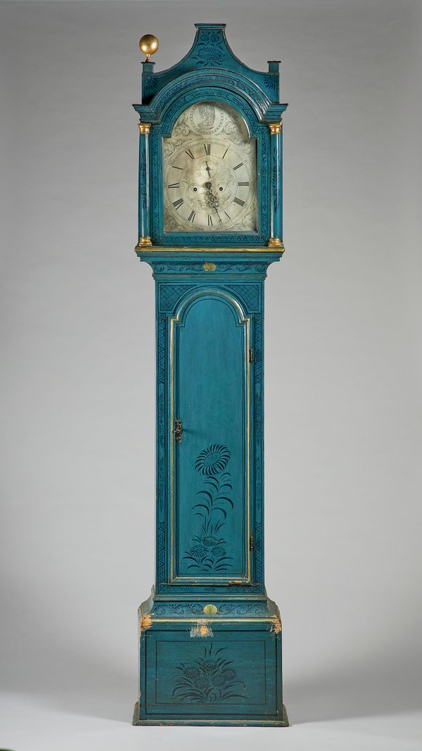 A parcel-gilt blue lacquer longcase clockThe movement by G. Lomax, Brecon, circa 1770The case with a pagoda pediment above arched glazed door, flanked