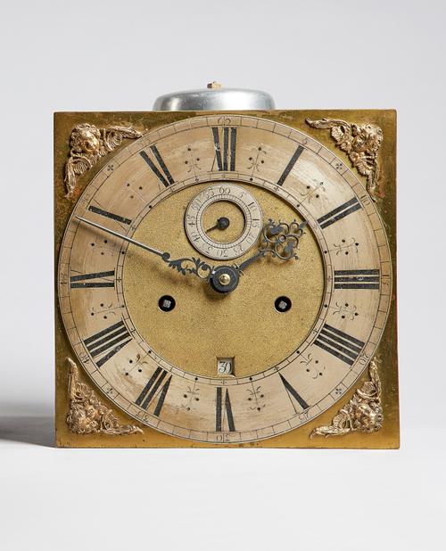A Charles II 10in. square longcase clock movementUnsigned, circa 1675/80The 10in. square dial with cherub mask spandrels, silvered chapter ring, enclo
