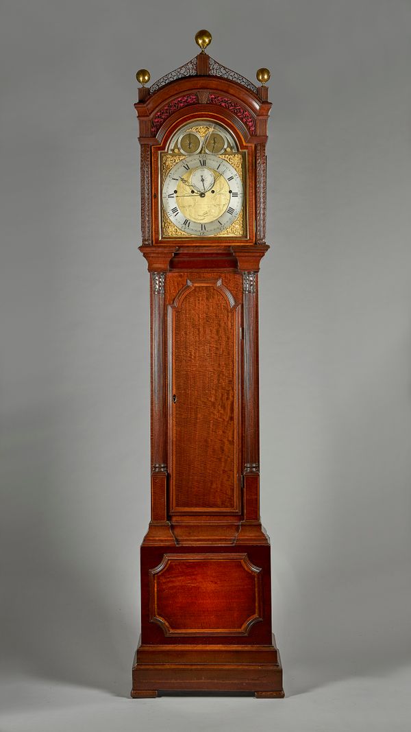 A fine and rare mahogany and crossbanded four train quarter chiming and musical longcase clockBy Gravell & Tolkien, London, No. 3705, the movement cir