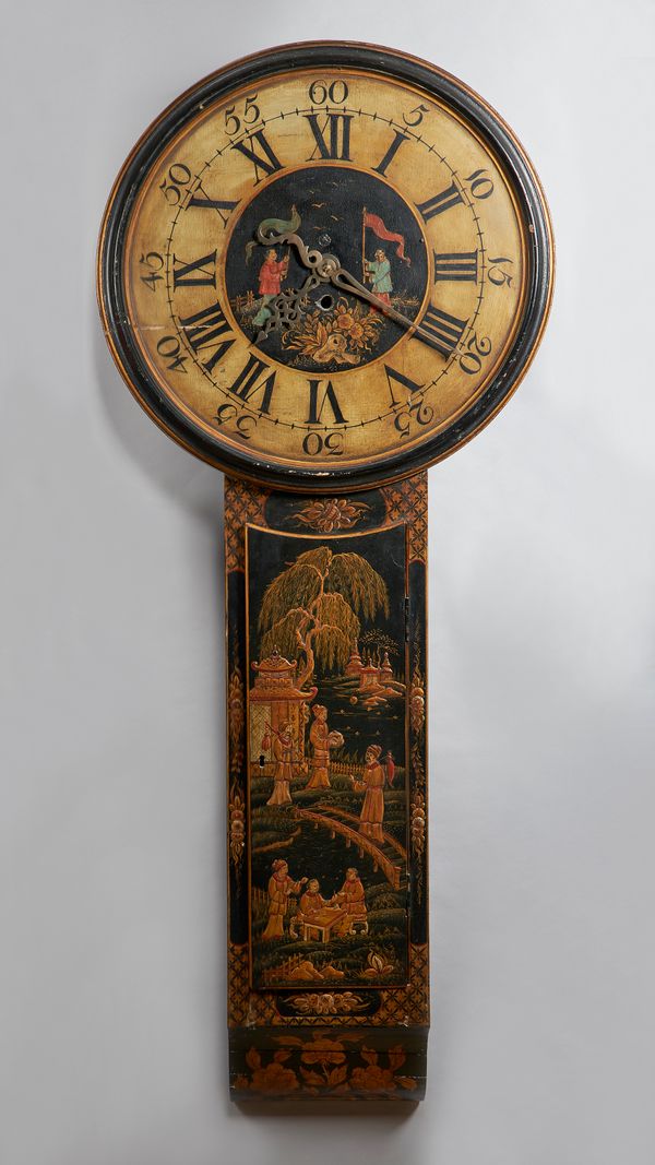 A Chinoiserie decorated Tavern timepiece19th Century and later redecoratedThe 26 1/2in. circular dial with a moulded edge, Roman numerals and centred