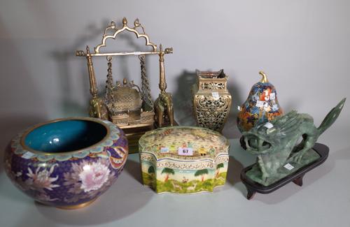 Asian interest, comprising; an Indian brass model of a swing with elephant supports, a cloisonné bowl, an Indian lacquer box, a Chinese gilt decorated