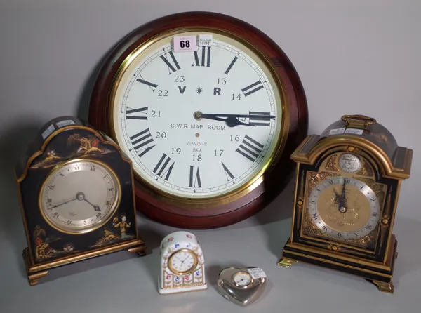 Collectables,including; a 20th century Chinese decorated small mantel clock, another similar and three further clocks, (5).