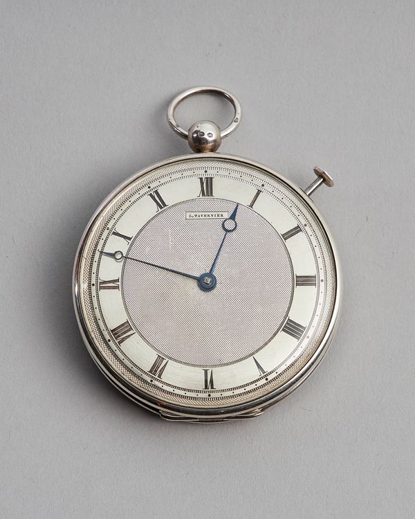 A very rare French silver open-faced key-wound quarter repeating pocket watch with a double-wheel Debaufre-type escapementBy Louis Tavernier, Paris, c