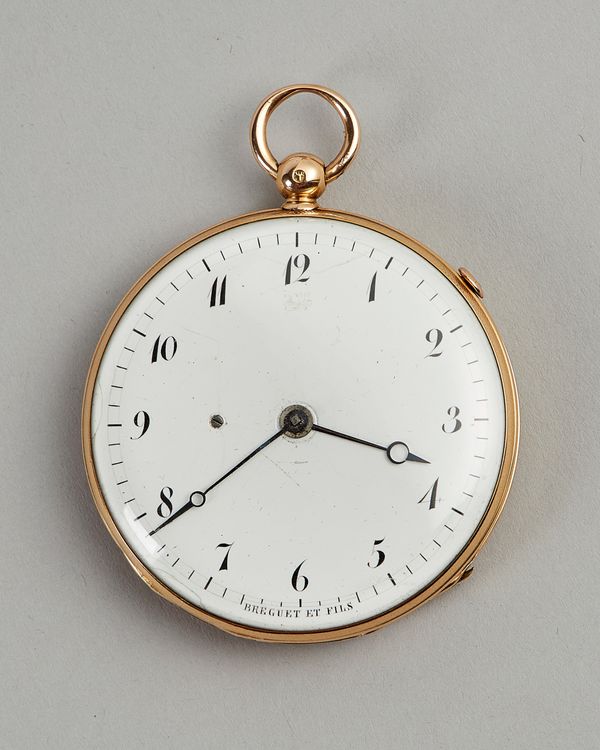 Breguet No. 3845  Montre à répétition à quarts.  A fine French pink gold open-faced key-wound quarter repeating cylinder watchCirca 1820The engine-tur