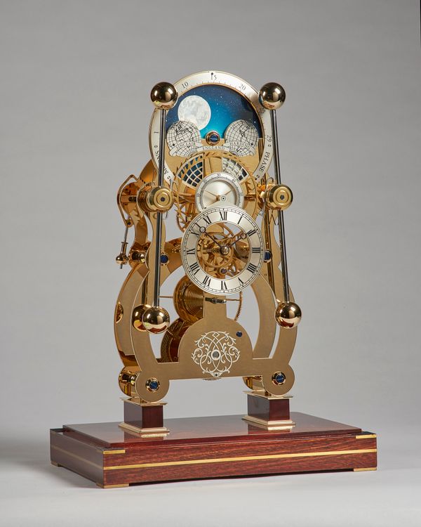 A Modern Moonphase skeleton timepiece with grasshopper escapementBy Sinclair Harding, No. 1003.52, dated 2003The shaped pierced frame with moonphase d