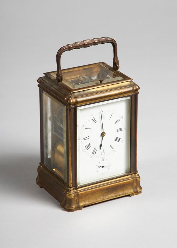 A French brass Gorge cased Grande Sonnerie carriage clock with alarmBy Henri Jacot, Paris, No. 5390, circa 1885The case with bevelled glass panels, wh