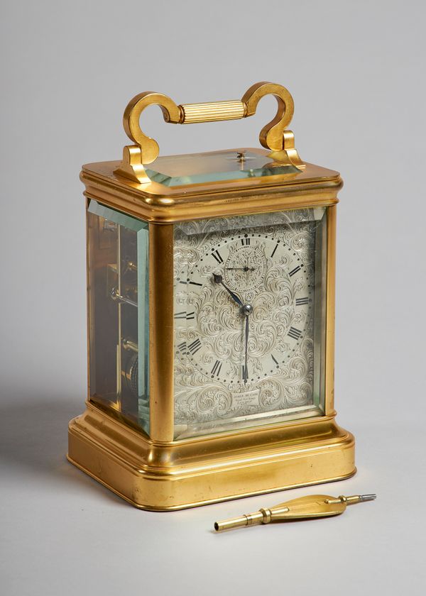 A Victorian gilt bronze giant striking carriage clockBy James McCabe, Royal Exchange, London, No. 2938, circa 1860The case, with four deeply bevelled