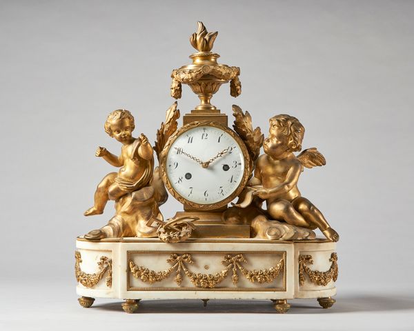 A French ormolu and white marble mantel clockIn the Louis XVI style, first half 19th centuryModelled with two cherubs, flanking a drum, surmounted by