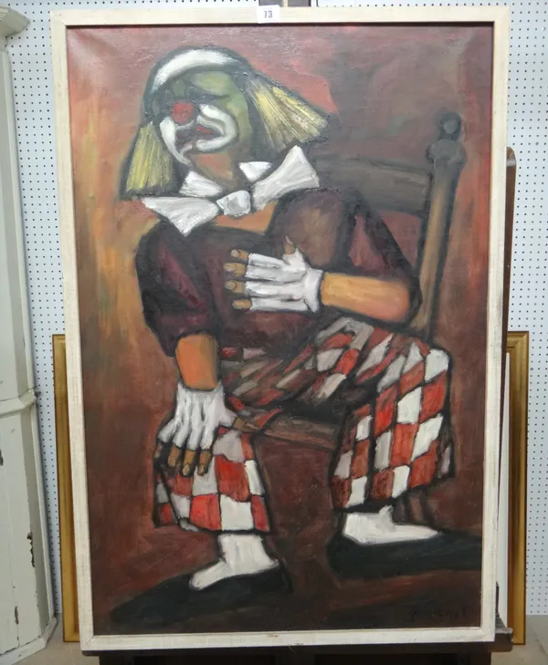 Pierre Goossens (b.1931), Clown, oil on canvas, signed, 89cm x 59cm.