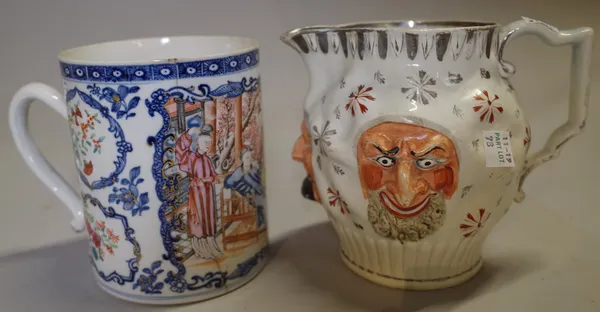 A 19th century Mask jug, 14cm high and a Cantonese export tankard, (a.f.), (2).