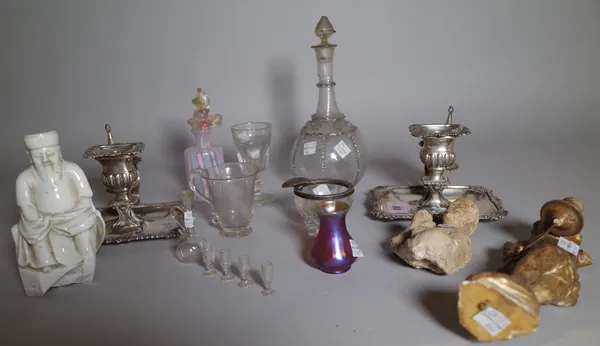Collectables including; a pair of silver plated chamber sticks, a Venetian glass decanter and sundry, (qty).