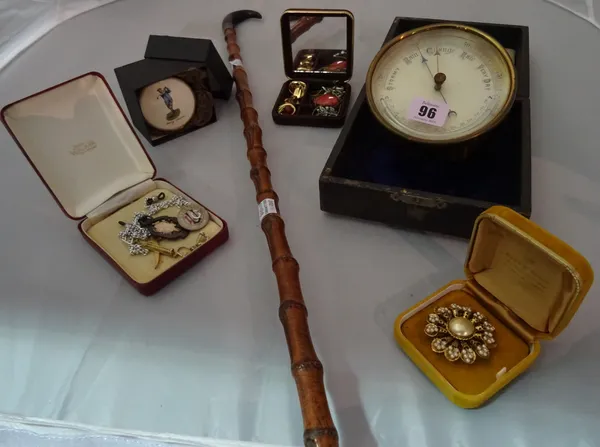 Collectables, including; a 19th century cased travelling barometer, small quantity of costume jewellery and a bamboo cane with horn handle.