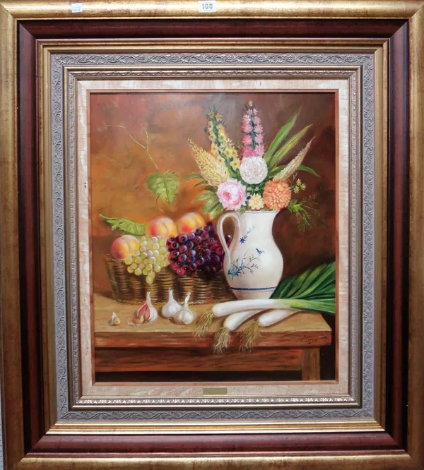 J** Perez (20th century), Still life with flowers in a jug, fruit and a basket, leeks and garlic, oil on canvas, signed, 54cm x 45cm.