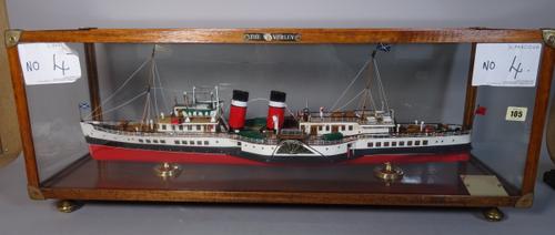 An early 20th century scratch built model of a paddle steamer, Waverley, in a glazed oak case, 88cm long x 35cm tall.
