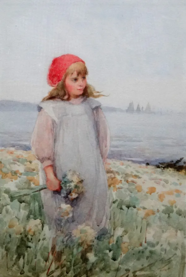 English School (19th century), Gathering flowers, watercolour, 26cm x 17cm.