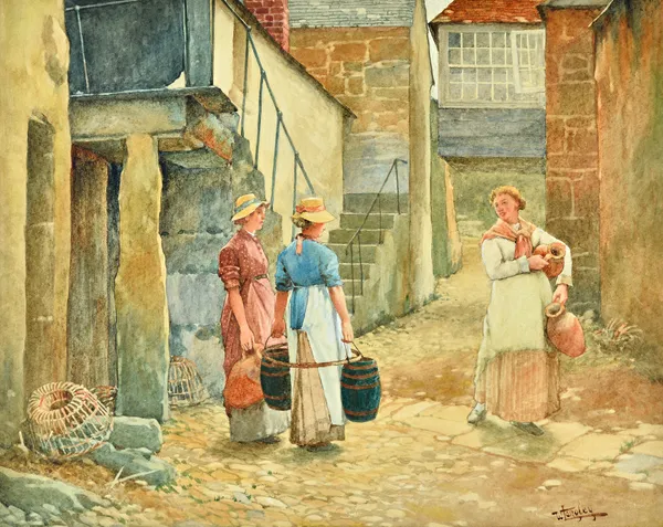 Attributed to Walter Langley (1852-1922), Gossip in a Cornish fishing village, watercolour, bears a signature, 40cm x 50cm.