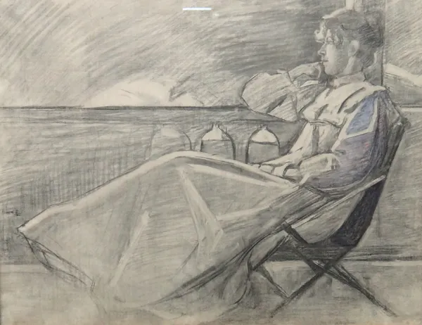 French School (19th century), Study of a seated lady, pencil and charcoal on canvas, 55cm x 71cm.