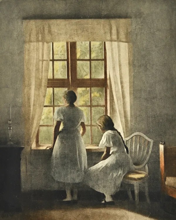 Peter Wilhelm Ilsted (1861-1933), Two girls at a window, colour mezzotint, signed and numbered 14/100, 39cm x 32cm.