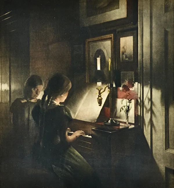 Peter Wilhelm Ilsted (1861-1933), Two girls playing the piano, colour mezzotint, signed and numbered 21/75, 40.5cm x 37.5cm.