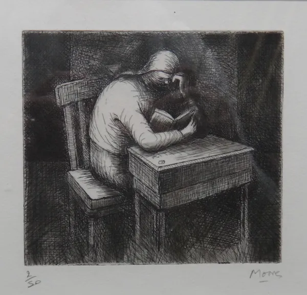 Henry Moore (1898-1986), Girl doing homework V, 1974, etching with aquatint, signed and numbered 2/50, 12cm x 13.5cm.A copy of this subject is in the