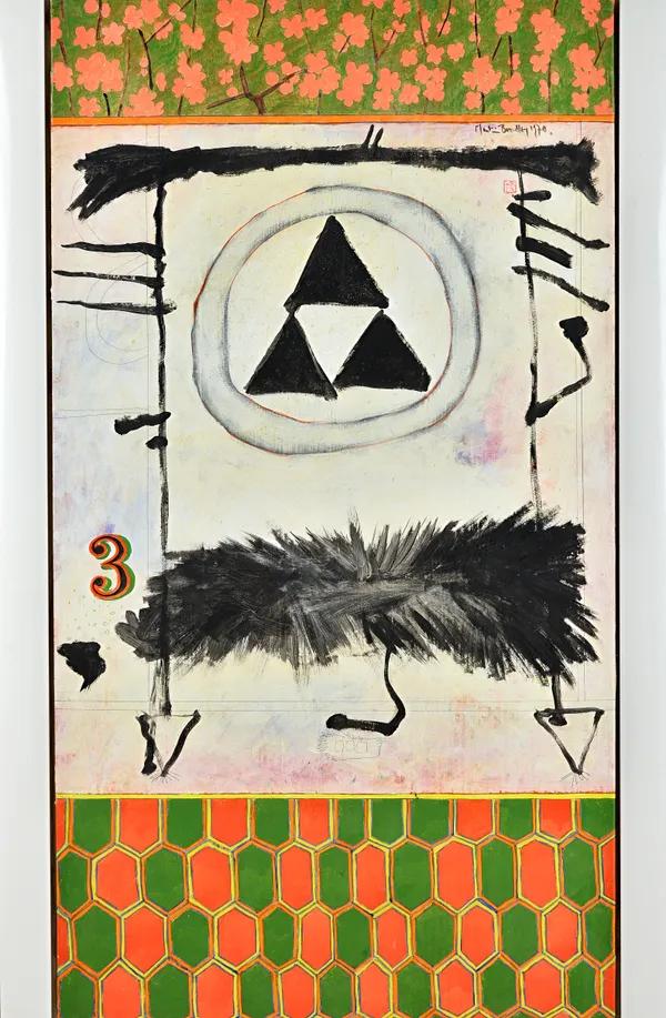 Martin Bradley (b.1931), Three Triangles, mixed media on canvas, signed and dated 1970, 143cm x 77cm.Provenance: With Waterhouse & Dodd ARR