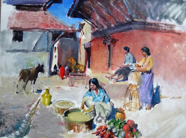 Terence Cuneo (1907-1996), Street scene; Peasants in a courtyard, two, oil on canvasboard, one signed, both unframed, one 60cm x 50cm.; the other 45.5