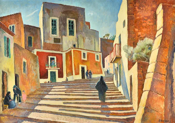 Adrian Paul Allinson (1890-1959), Steps in a continental town, oil on canvas, signed, 63cm x 90cm. ARR